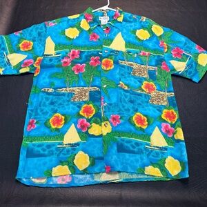 Jacques Carpentier Hawaiian Shirt Mens M Blue Tropical Island Shirt